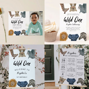Young Wild and Three Safari Birthday Party Photo Invitation