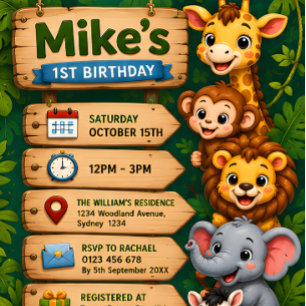 Cute Jungle Animals Safari 1st Birthday Invitation
