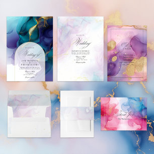 Elegant Purple and Gold Flowing Alcohol Ink RSVP Card