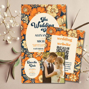 QR Code Colourful Groovy Retro 70s Floral Wedding All In One Invitation