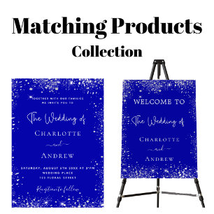 Royal blue silver stars script luxury wedding invitation