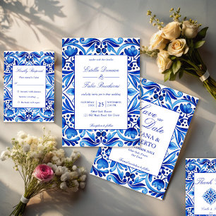 Vintage Talavera Azulejo blue folk art wedding Thank You Card