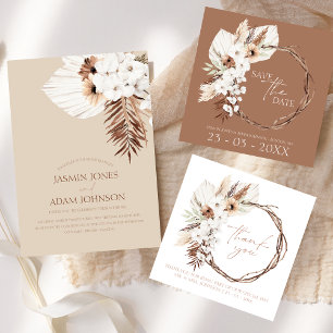 Boho Terracotta Brown Pampas Grass Floral Wedding  Save The Date