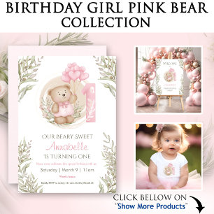 2nd Birthday Cute Teddy Bear Heart Balloons Pink Invitation