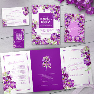 Purple stock flowers art wedding change the date invitation
