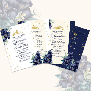  Navy Blue Iris and Glitter Tiara Quinceanera Invitation