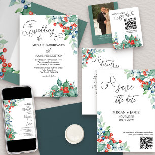 Winter Berries and Holly Watercolor Wedding Invitation