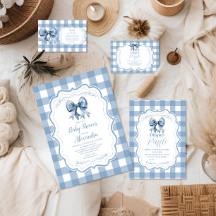 Cute Blue Bow Ribbon Gingham Baby Shower Invitation