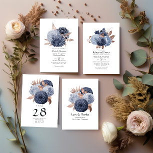 Dusty Blue and Rose Gold Floral Wedding QR Code In Invitation