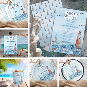 Ahoy It's A Boy Lighthouse Ocean Baby Sprinkle Invitation