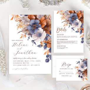 Elegant Floral Dusty Blue Rust Wedding RSVP Card