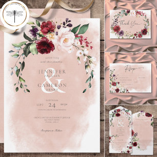 Rustic Burgundy & Blush Pink Roses QR Code RSVP Card