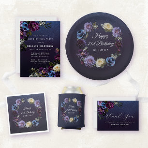 21st Birthday Personalised Moody Purple Flower Napkin