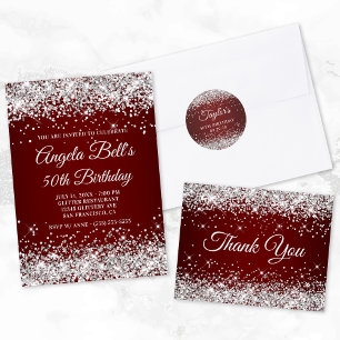 50th Birthday Silver Glitter Dark Red Ombre Invitation