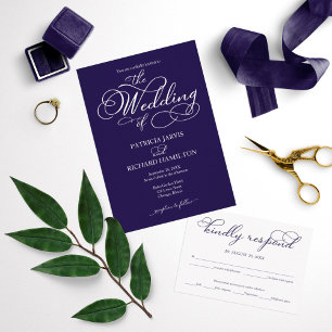 Elegant Script Navy Blue White Wedding Invitation