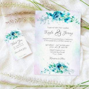 Blue teal green flowers wedding floral all in one invitation