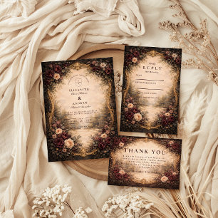 Dark Baroque Floral Wedding RSVP Card