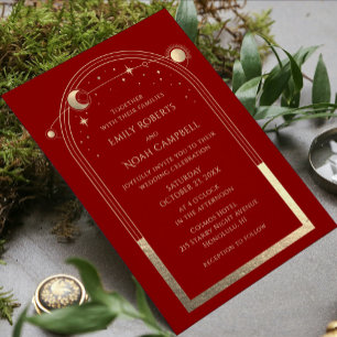 Celestial Red Gold Sun Moon Stars Wedding RSVP Card