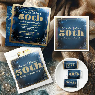 Sparkling Blue and Gold 50th Birthday Party  Invitation