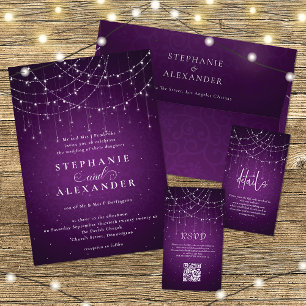 Budget String Lights QR Code Purple Wedding Invite