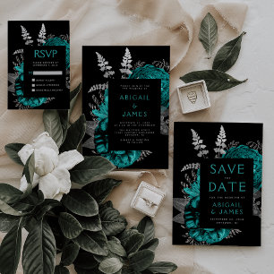 Dark Floral Teal Silver Wedding Save the Date Invitation