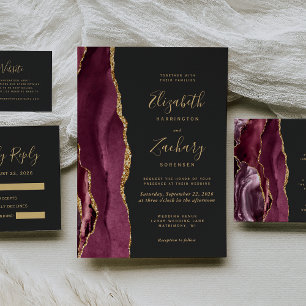 Budget Burgundy Gold Agate Dark Wedding QR Code Enclosure Card