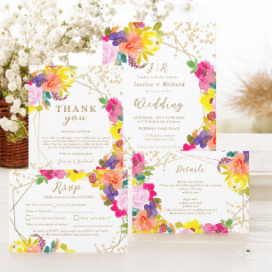 Gold glitter boho bold floral photo wedding invitation