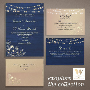 Navy Blue Wood String Lights Wedding QR Code Invitation