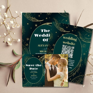 Elegant Emerald Green Gold Celestial  Wedding Invitation