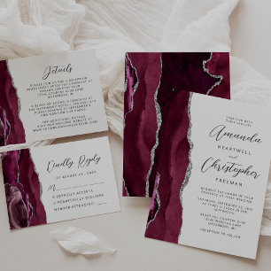 Agate Burgundy Silver Modern Script Wedding RSVP Card