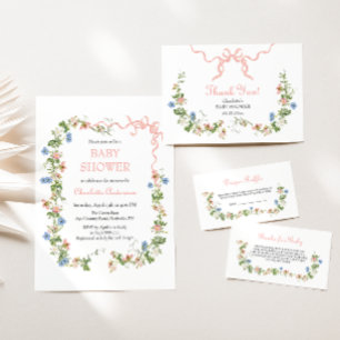 Wildflower Pink Bow Baby Shower Invitation