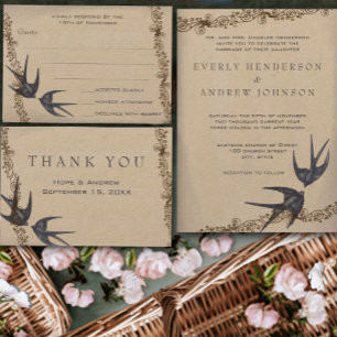 Die Cut Vintage Love Birds Navy Wedding Invitation