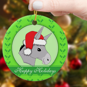 Cute Santa Donkey Holly Happy Holidays Christmas Ceramic Tree Decoration