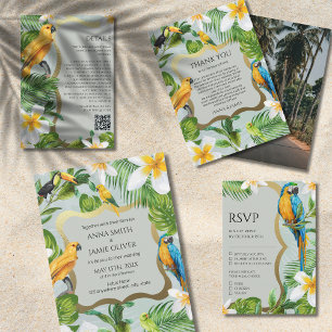 Tropical Forest Greenery Parrots Plumeria Wedding Save The Date