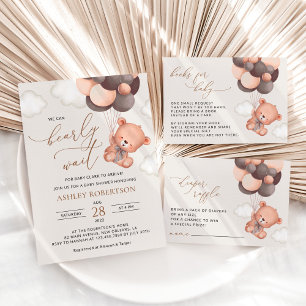 Baby Bear, Teddy Bear, Brown Balloons, Baby Shower Invitation