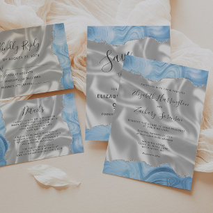 Baby Blue Silver Agate White Silk Wedding RSVP Card
