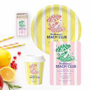 Summer Beach Club Yellow Stripes Birthday Party Round Paper Coaster