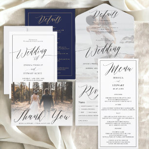 Elegant modern black white calligraphy wedding menu