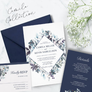 Watercolor Dusty Blue Navy Floral Wedding Invitation