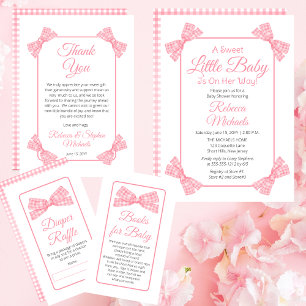 Pink Gingham Check Bow Baby Shower Diaper Raffle Enclosure Card
