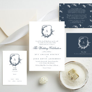 Navy Blue Dusty Rose vintage floral monogram crest RSVP Card