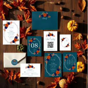 Rustic Autumn Orange Navy Blue Floral Wedding Invitation