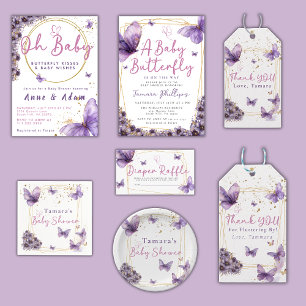 Floral Butterfly Purple Gold Baby Shower Party Paper Plate