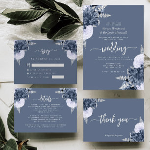 Dusty Blue Silver Floral Script Wedding RSVP Enclosure Card