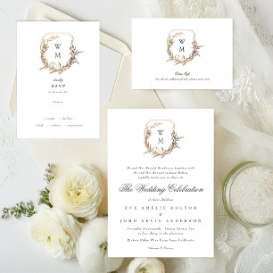 classic black white monogram wedding gold crest invitation