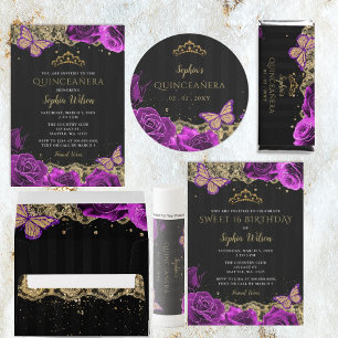  Budget Purple Roses Black Quinceañera Invitation