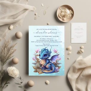 Cute Watercolor Blue Dragon Baby Shower All In One Invitation
