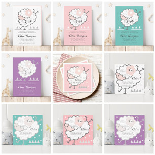 Simple Cute Jumping Lamb Lavender 1st Birthday  Invitation