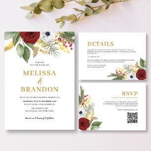 Elegant Red & Gold Floral Monogram Wedding Invitation