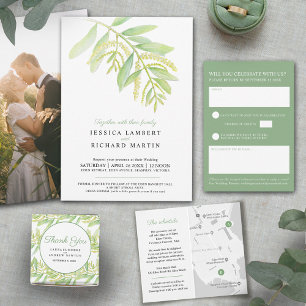  Eucalyptus leaves green water wedding  RSVP Card